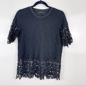 Zara Black Crochet Lace Short Sleeve Sheer Top Sz Medium